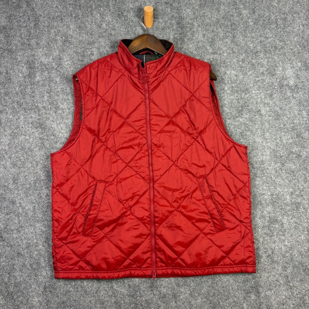Barbour Quilted Vest Mens XL Red Full Zip Plaid Lined Mock Neck Gilet 0055